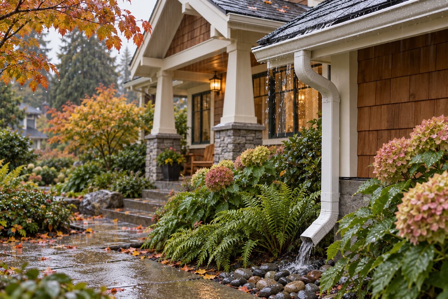 Rain moving through a clean gutter and downspout beside a Vancouver home